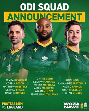 جنوبی افریقہ  نے انگلینڈ سیریز کیلئے ٹی ٹوئنٹی اور ون ڈے ٹیموں کا اعلان کر دیا